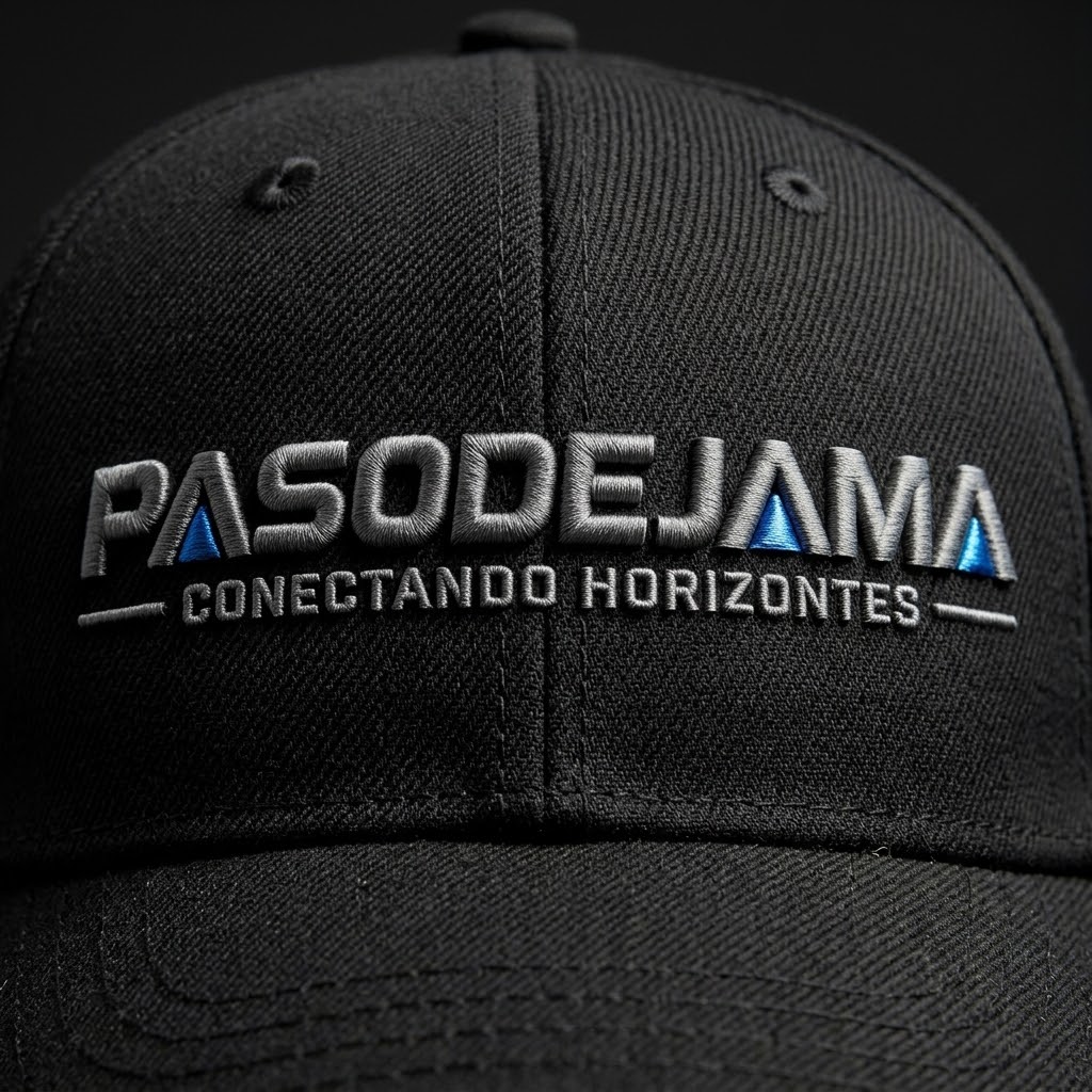 Detalle del bordado PASODEJAMA en una gorra negra