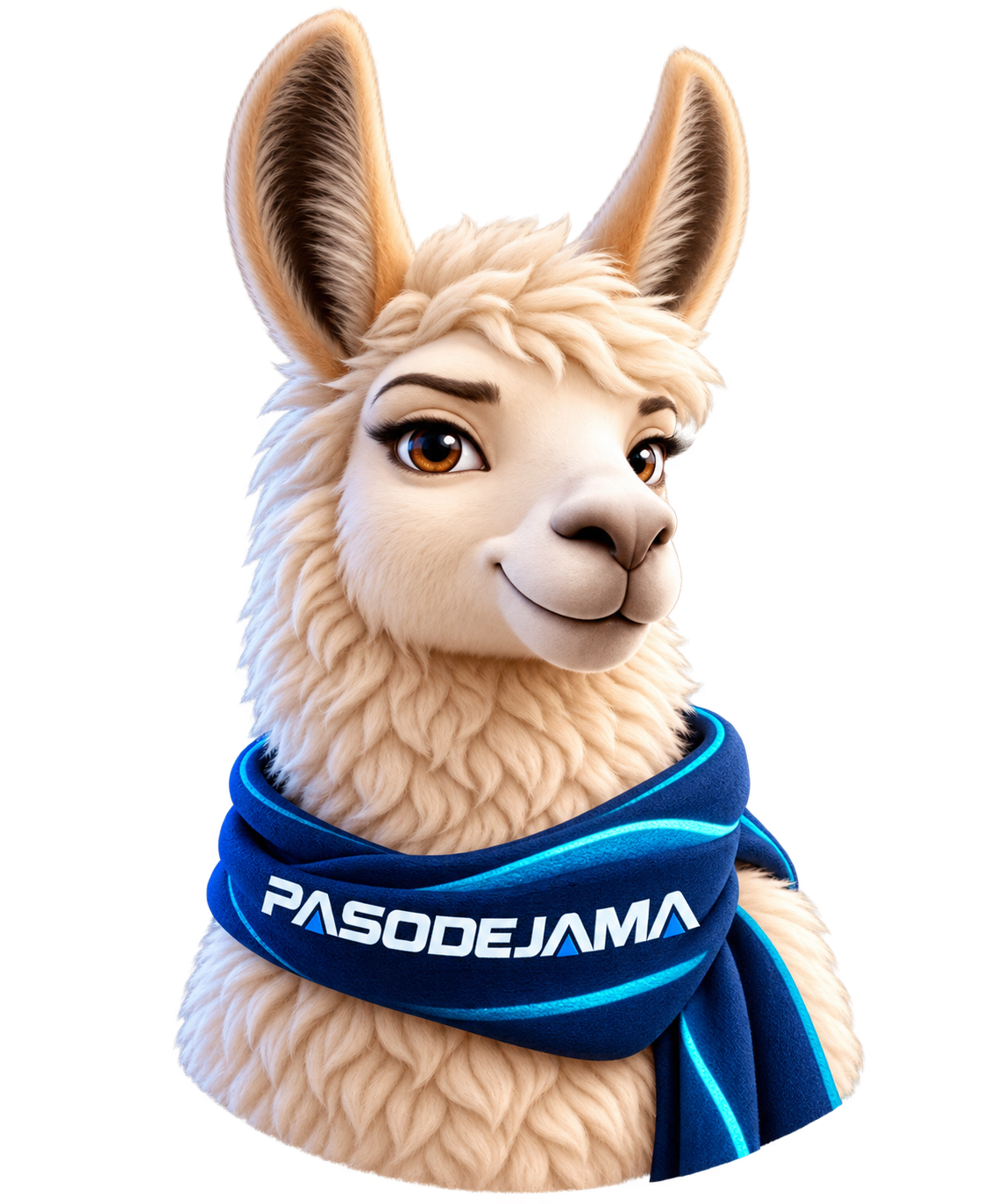 Retrato de la cabeza de la mascota llama de Paso de Jama con bufanda PASODEJAMA